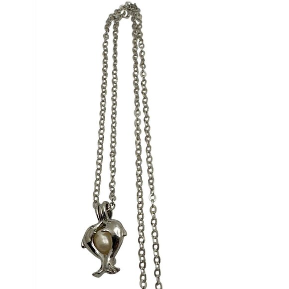 Dolphin Pearlcore Sea Siren Pendant Necklace Love Caged Silver Coquette Romance - Picture 5 of 8